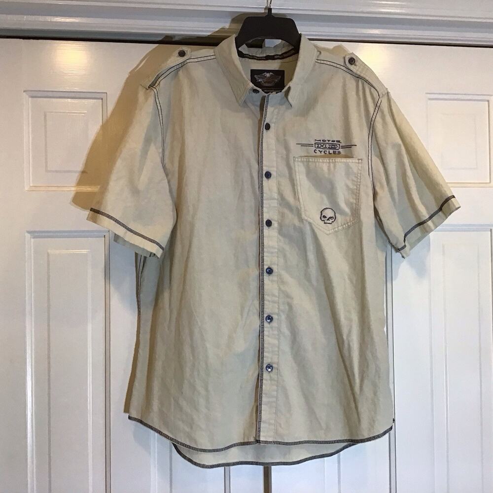 Harley Davidson Men Button Up Ivory Shirt Sz XL Willie G. Skull/Piston Graphic